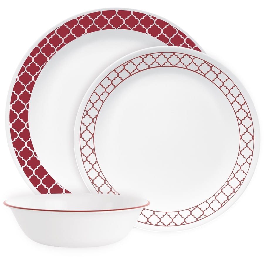 Corelle Crimson Trellis - Serviço louça Vitrelle 12 peças; Corelle Crimson Trellis 12-Piece Vitrelle Dinnerware Set
