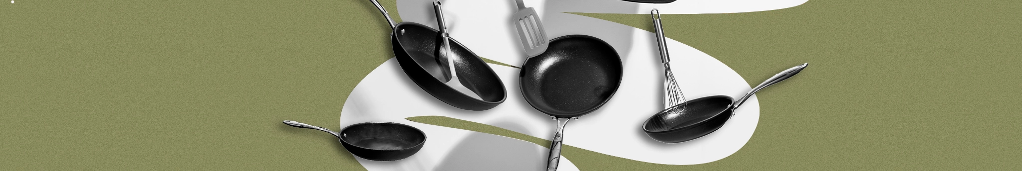 Banner pequeno cabeçalho de paginas com frigideiras e acessórios de cozinha em fundo recortado e verde musgo